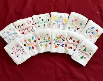 Set Of Hand Embroidered Kitchen Towels Months Of The Year Theme