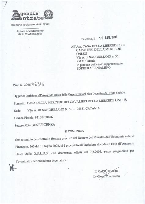 Iscrizione Registro Onlus Casa Della Mercede