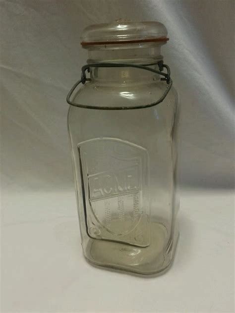 Vintage Acme Square Clear Glass Canning Jar Wire Bail Glass Lid 2 Qt