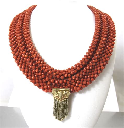 Antique Red Coral Necklace Victorian Woven Natural Mediterranean Red