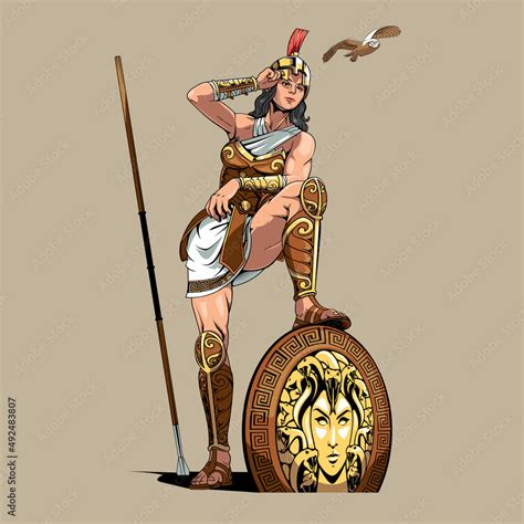 Athena stepping on her aegis with her spear and owl Stock Vector ...