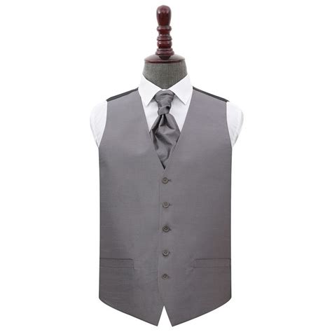 Steel Grey Mens Waistcoat Cravat Set Plain Shantung Formal Wedding Vest