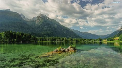 Skały Jezioro Hintersee Góry Alpy Drzewa Niemcy Bawaria