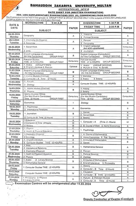 Date Sheet For Written Examination Ada Ads Supplementary Examination