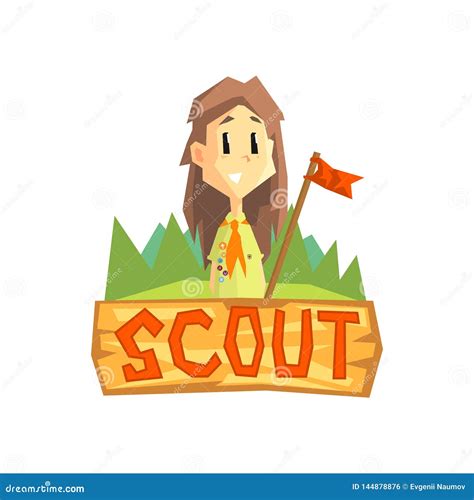 Scout Banner Template, Scouting Girl with Flag, Kids Summer Camp Vector ...