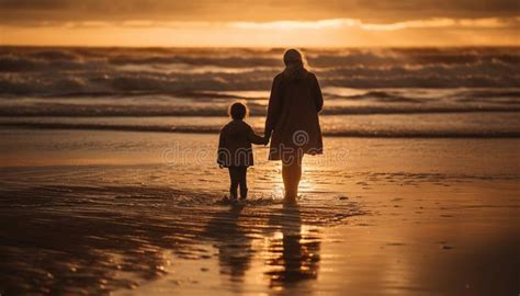 Familia Que Disfruta De Una Puesta De Sol En La Playa Tomando Las Manos