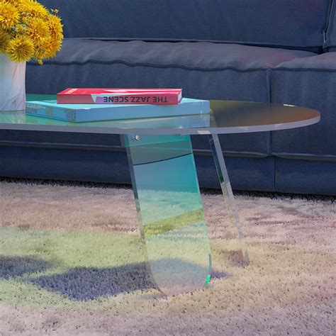 Table basse ovale moderne en acrylique transparent irisé avec 4 pieds