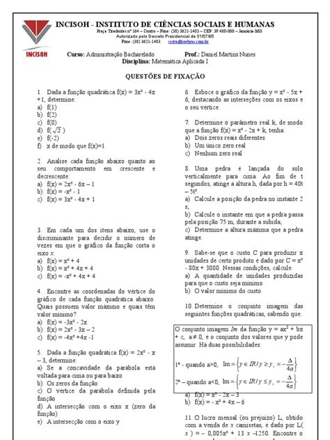 Atividade 3 Função Quadrática Objetos Matemáticos Física E Matemática