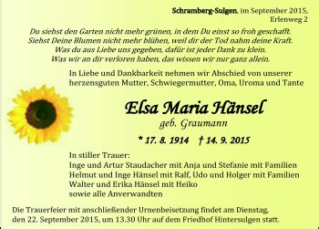 Traueranzeigen von Elsa Maria Hänsel Schwarzwälder Bote Trauer