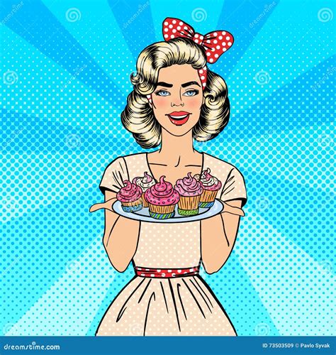 Young Housewife Holding Plate With Cupcakes Woman Baking Cupcakes Pop