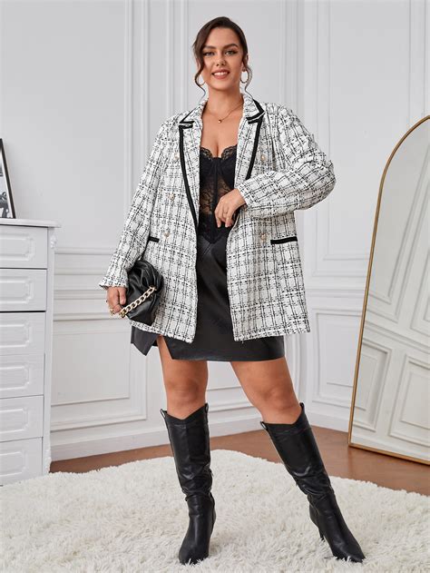 Shein Priv Plus Contrast Binding Plaid Tweed Blazer Shein Usa