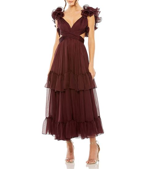 Mac Duggal V Neck Ruffle Tiered Cut Out Chiffon Dress Dillards