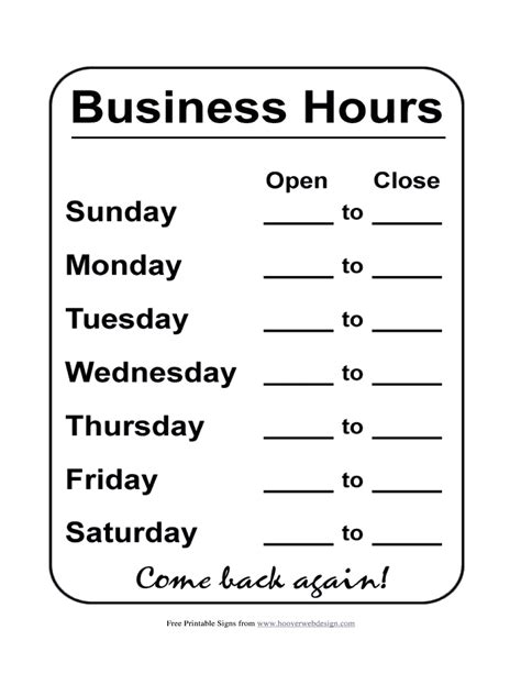 Printable Business Hours Sign Template – PARAHYENA