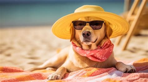 Um Cachorro Usando Um Chap U Amarelo E Culos De Sol Est Na Praia