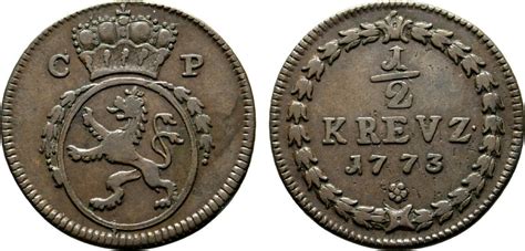 Pfalz Kurlinie Cu 1 2 Kreuzer 1773 Mannheim Karl Theodor 1743 1799