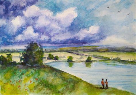 Landschaft Mit Regenwolken Aquarell Landschaften Berge Landschaft