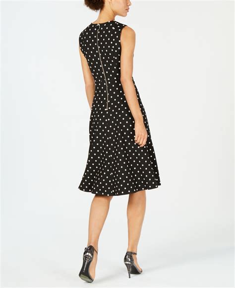 Calvin Klein Synthetic Polka Dot Fit And Flare Midi Dress In Black