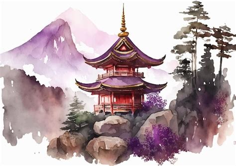 Pintura de acuarela del templo japonés Vector Premium