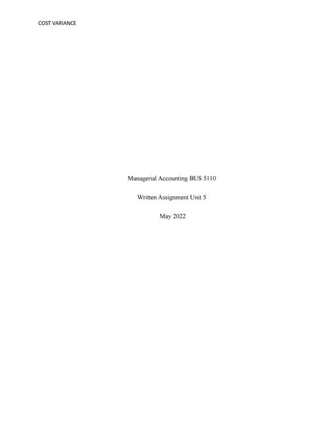 Unit 5 Portfolio Managerial Accounting BUS Written Assignment Unit