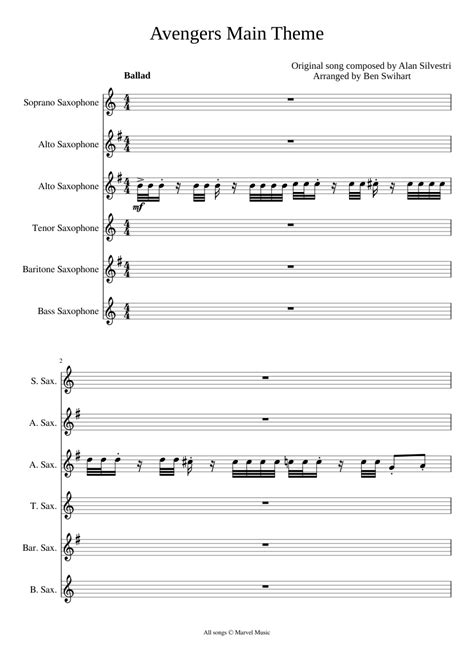 Avengers Main Theme Sheet Music For Saxophone Alto Saxophone Tenor