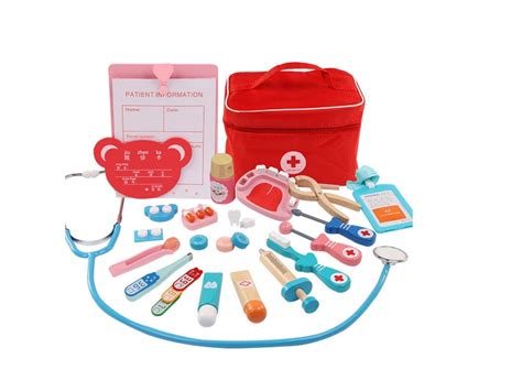 Madeira Médico Brincadeira de Fingir Brinquedo Kit Médico Vermelho