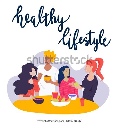 Happy Friends Eating Healthy Food Together Stock Vector (Royalty Free ...