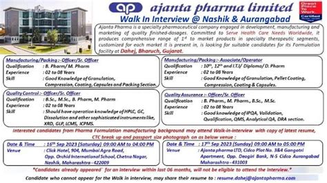 Ajanta Pharma Limited Walk In Interview On Th Th September