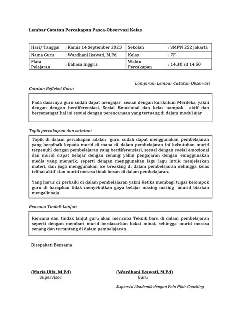 3 Lembar Catatan Percakapan Pasca Observasi Kelas Pdf