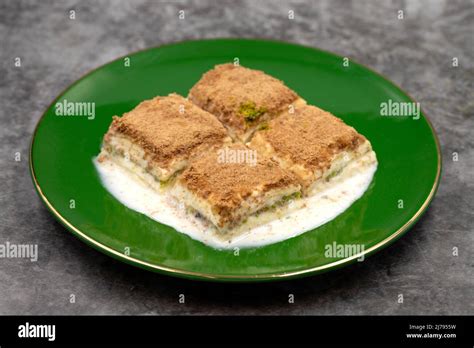 Cold Baklava Baklava With Milk On A Dark Background Mediterranean