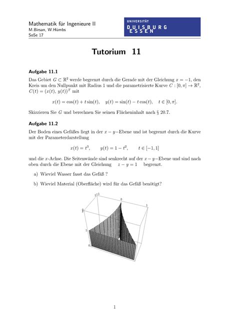 Tutorium Aufgabenstellung Mit Hinweisen 11 Mathematik Fur Ingenieure