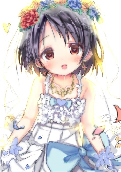 Safebooru 1girl D Bangs Bare Shoulders Black Hair Blue Bow Blue Flower Blush Bow Bridal Veil