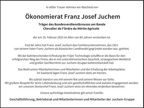 Traueranzeigen Von Franz Josef Juchem Saarbruecker Zeitung Trauer De