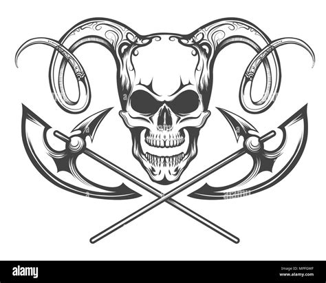 Human Skull With Ram Horns And Battle Axes Vector Illustration Drawn