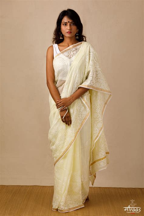 Buy Lemon Yellow Kota Doria Chikankari Saree Kota Doria Saree Cotton