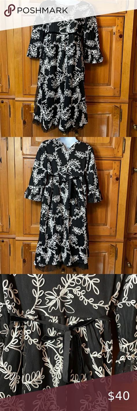 Rare Editions Black Crepe Dress W Loopity Lace Sz14 Puffy Bell Sleeves