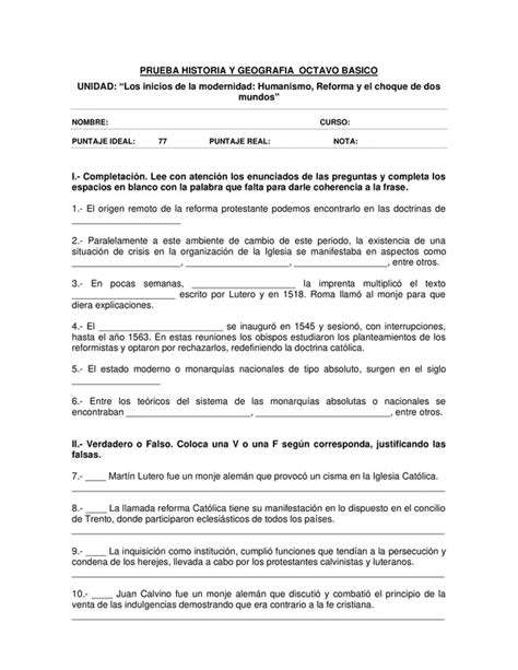 PRUEBA HISTORIA Y GEOGRAFIA OCTAVO BASICO Unidad 1 Foco En OA2 Y OA3