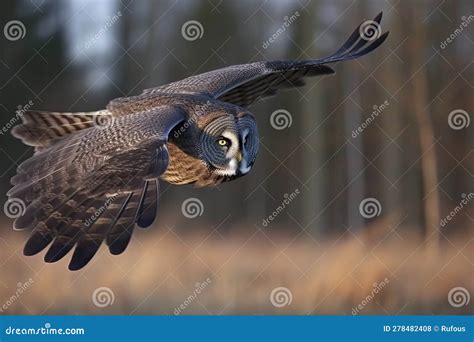 Great Gray Owl Strix Nebulosa Flying In The Morning Light Rare Bird