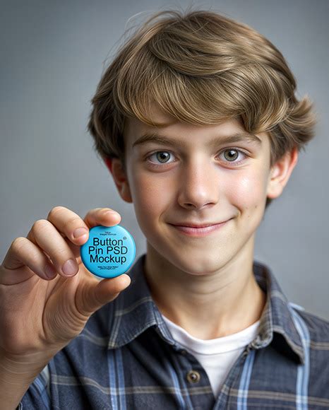 Teenage Boy Holding A Pin Button Mockup Free Download Images High