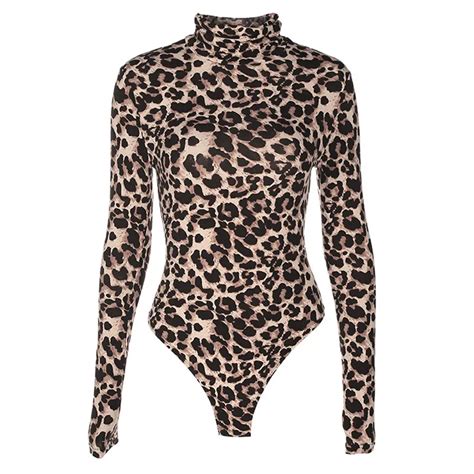 S L Leopard Bodysuit For Women Sexy Bodycon Skinny Body Suit Turtleneck