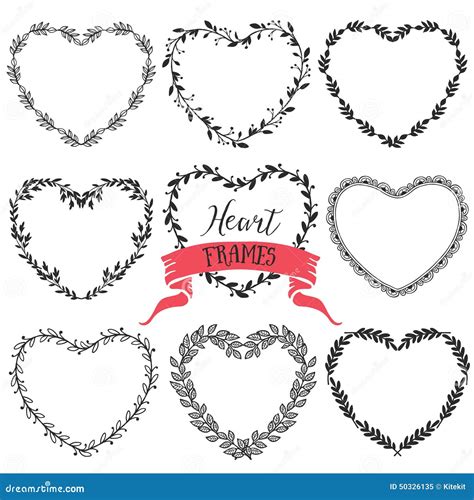 Hand Drawn Rustic Vintage Heart Wreaths Floral Vector Graphic Stock