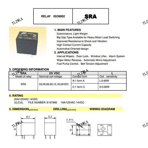 5Pcs 5V 12V 24V 20A DC Power Relay SRA 05VDC CL SRA 12VDC CL SRA 24VDC