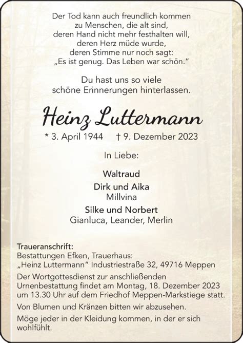 Traueranzeigen Von Heinz Luttermann Noz Trauerportal