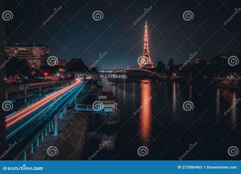 Of The Iconic Eiffel Tower In A Tranquil Body Of Water At Night Time