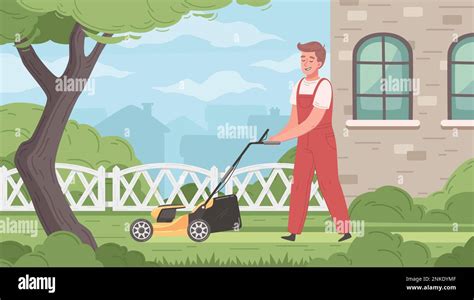 Lawn Mowing Cartoon Poster With Male Worker Cutting Grass Vector