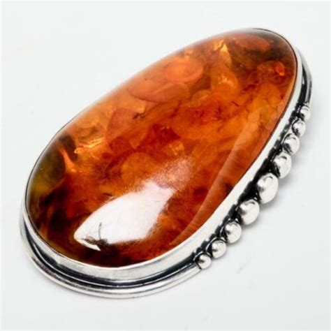 Large Amber And Sterling Silver Brooch Vintage Gem