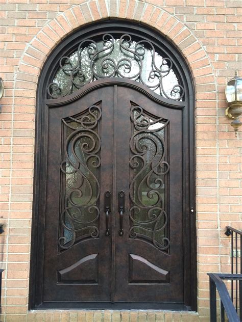 Arch Transom Scroll Design Double Glass Metal Steel Wrought Iron Doors Wrought Iron Doors And