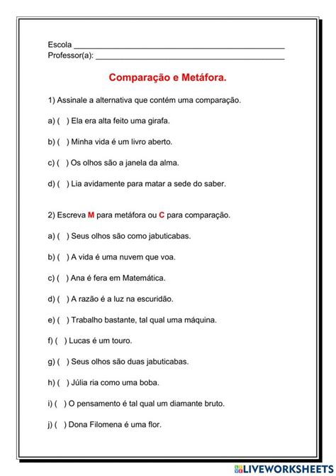Atividade Metafora E Comparação - Atividades Figuras de Linguagem Gramática Ensino Fundamental | Figuras ...