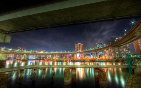 Wallpaper Cityscape Malam Refleksi Jembatan HDR Panorama Lampu