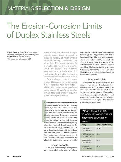 Pdf The Erosion Corrosion Limits Of Duplex Stainless Steels