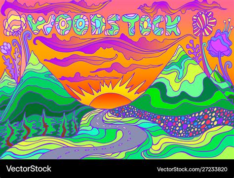 Colorful Landscape With Inscription Woodstock And Vector Image